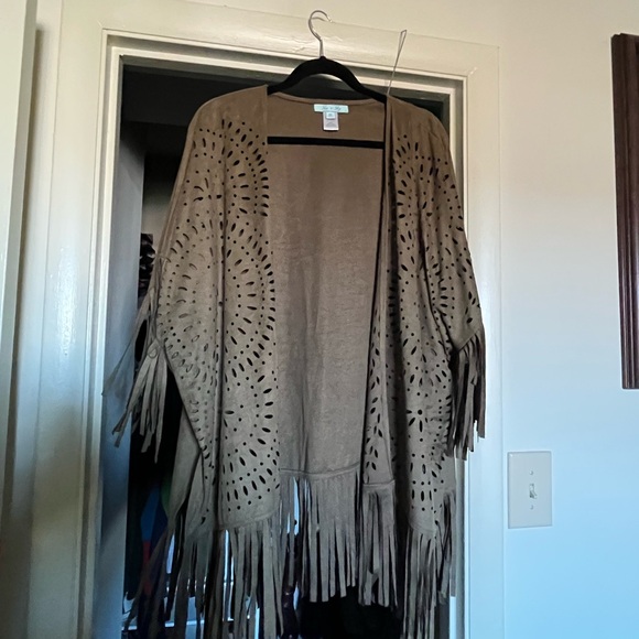 She + Sky Sweaters - She + Sky Taupe Fringed Poncho